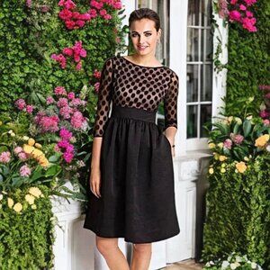 Eliza J Fit & Flare Midi Dress Mesh Party Polka Dot 3/4 Sleeves Pockets Pockets